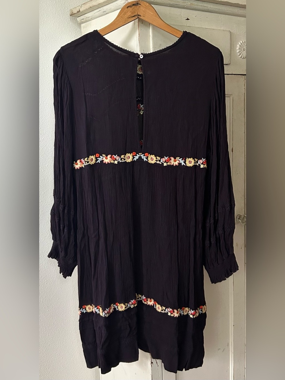 Free People | Women’s Black Floral Embroidered Long Sleeve Boho Pasadena Dress M - Picture 6 of 16
